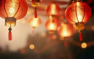 Chinese new year poster, photorealistic hanging red lanterns, copy space, bokeh, de focus. AI Generative photo