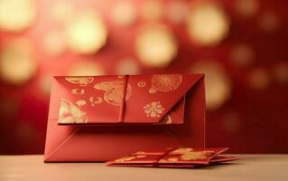 Chinese New Year gift. Photorealistic red envelope, hong bao, close up, bokeh, de focus. AI Generative photo