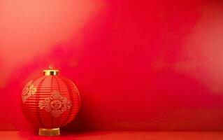 Spring Festival Poster. Minimalistic modern banner template with one lantern. Chinese New Year decorations on bright red background, copy space. AI Generative photo