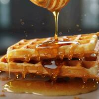 Belgian waffles with honey on a white background generated AI photo