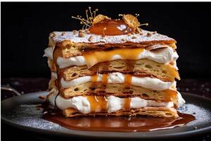 A stack of honey cake with cream and syrup generated with AI photo