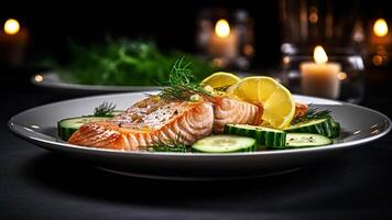 Salmon steak with sauce on a plate on a dark background generated with AI photo