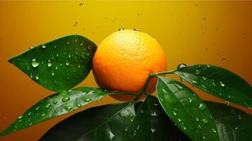 Orange fruit with splash on yellow background generated with AI photo