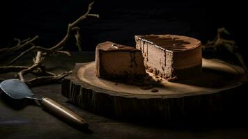 Chocolate cake on a wooden board with knife generated with AI photo
