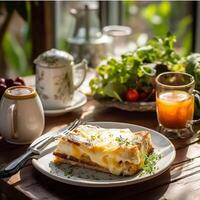 Sliced bread with butter and cheese on wooden table generated with AI photo