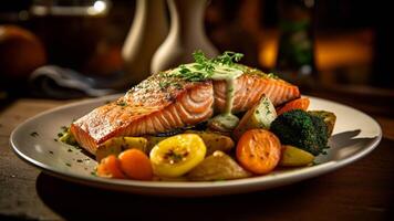 Salmon steak with sauce on a plate on a dark background generated with AI photo