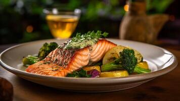 Salmon steak with sauce on a plate on a dark background generated with AI photo