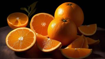 A wooden crate filled with oranges on a wooden table generated with AI photo