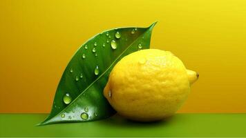 limones son salpicaduras en agua en un amarillo antecedentes generado con ai foto