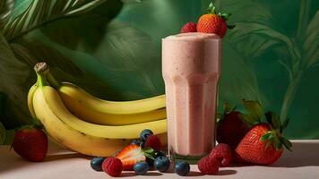 A smoothie with strawberries, bananas and blueberries generated with AI photo