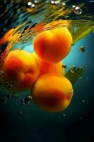 A bunch of apricots are floating in water generated with AI photo