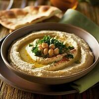 Hummus in a bowl with pita bread and parsley generated with AI photo