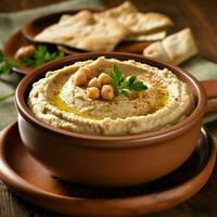 Hummus in a bowl with pita bread and parsley generated with AI photo