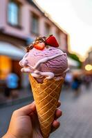 Ice cream with strawberries splashing in it generated with AI photo