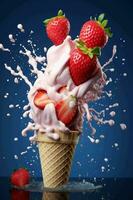 Ice cream with strawberries splashing in it generated with AI photo