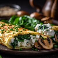 Omelet with mushrooms, tomatoes and herbs generated with AI photo