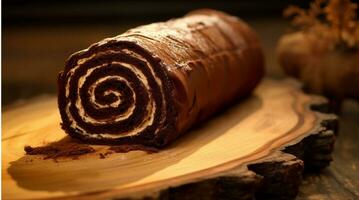 Chocolate roll cake on a wooden board generated with AI photo