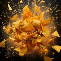 Nachos falling into the air on a black background generated with AI photo