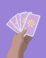 Vector isolated illustration of tarot cards in hand. Card selection. Divination on cards. Prediction of the future.