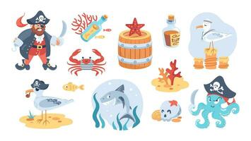 Childrens pirate set. Set of cartoon characters. Ship captain with hook and cocked hat. Octopus with a saber. Shark and seagull sailors, crab in vest, skull, barrel and starfish. Bottle, rum, corals vector