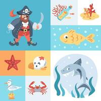 Childrens pirate seamless pattern. Cartoon characters. Ship captain with hook and cocked hat. Shark and seagull sailors, crab in vest, skull, starfish. Bottle, corals. For wallpaper, fabric, wrapping vector