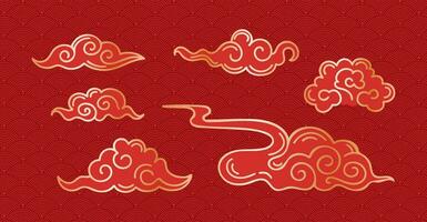 Set of clouds in Asian style. Gold on red. Vector vintage illustration. Fish scales background. Traditional cloud patterns in Chinese, Korean and Japanese oriental style. For stickers, design elements