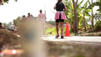 2023 maratona corredores estão passagem através uma Vila estrada. video