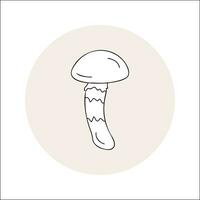 Mushroom line icon black outline in circle. Vector illustration isolated toadstool in doodle style. Design element for theme forest mushrooms, menu, forest, ingredients, recipes, organic products,