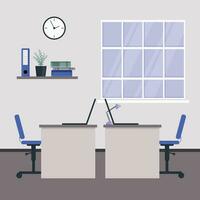 Office with two desks, a shelf and a clock on the wall, as well as a large window. vector