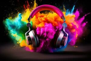 A headphone with colorful color powder splash Generative AI, AI Generative photo