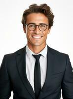 Ai Generative happy business man in a suit white background photo