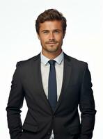 Ai Generative happy business man in a suit white background photo