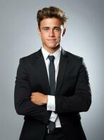 Ai Generative photo confident young businessman in suit standing with arms folded