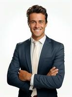 Ai Generative photo confident young businessman in suit standing with arms folded