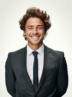 Ai Generative happy business man in a suit white background photo