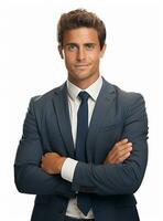 Ai Generative photo confident young businessman in suit standing with arms folded