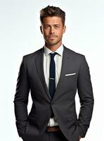 Ai Generative happy business man in a suit white background photo