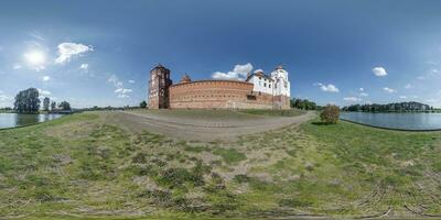 full seamless spherical hdri 360 panorama near huge neo-gothic castle near lake, defensive fortification and residence in equirectangular projection with zenith ready for  VR virtual reality content photo