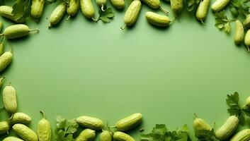 Fresh Cucumbers and Parsley on Green Background. AI Generated. photo