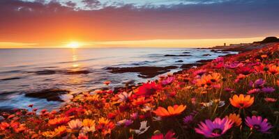 Sunset Over a Colorful Flower Field by the Ocean. AI Generated. photo