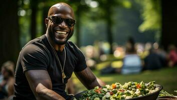 Cheerful african american man eating salad in a park. AI Generated. photo