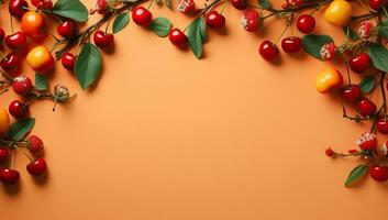 Frame made of ripe cherries on color background, top view. Space for text. AI Generated. photo