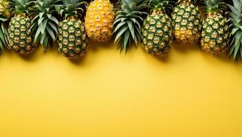 Fresh Pineapples on a Yellow Background. AI Generated. photo