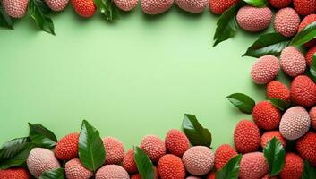 Lychee fruits with green leaves on green background with copy space. AI Generated. photo