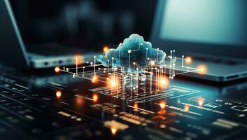 Cloud Computing Concept on Laptop Keyboard. AI Generated. photo