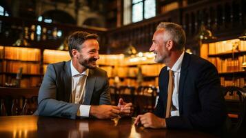 dos empresarios hablando y riendo mientras sentado a un mesa en un pub. ai generado. foto