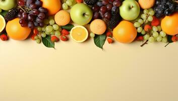 Assorted Fresh Fruits on Beige Background. AI Generated. photo