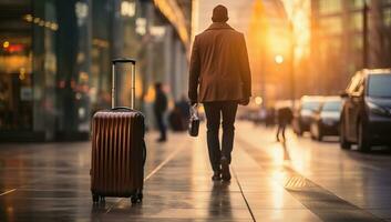 Young man with a suitcase at the airport. Travel and tourism concept. AI Generated. photo