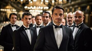 Elegant Gathering of Men in Tuxedos. AI Generated. photo