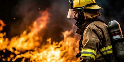 valiente bombero luchando furioso llamas ai generado. foto